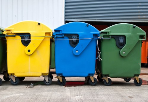 Cluttered commercial waste bins at a collection point